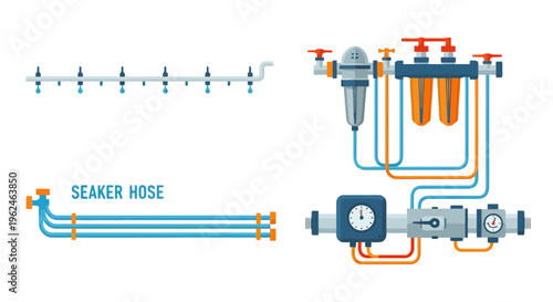 Vector illustration of agricultural drip irrigation system components including filtration unit, soaker hose, and pressure control for farm water management