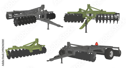 Set of Agricultural Disc Harrows and Cultivators for Soil Tillage and Farm Machinery Illustration