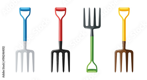 Set of Four Colorful Pitchforks and Garden Forks for Agriculture and Gardening Vector Illustration