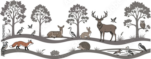 Forest scene with various animals on and near wavy terrain with trees and birds flying