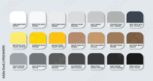 Road Color Guide Palette with Color Names. Catalog Samples Black with Road sign colors RGB HEX codes and Names. Metal Colors Palette Vector, Plastic Color Palette, Fashion Trend road Color Palette