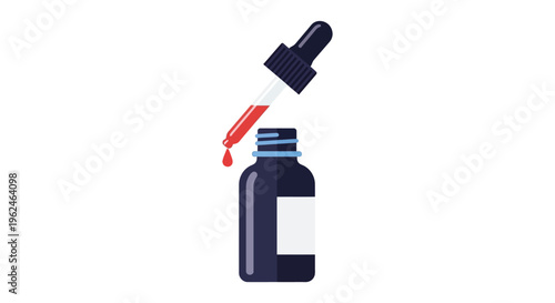 Open dark glass medicine bottle with red liquid dropper on white background in minimalist style for healthcare advertising