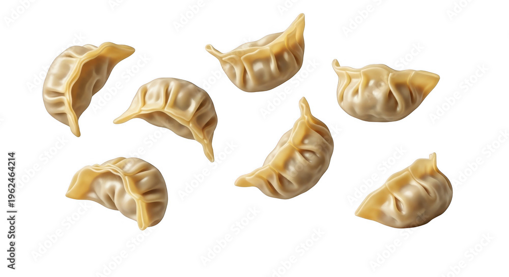 Fototapeta premium A scattering of golden cooked dumplings presented in a dynamic arrangement on transparent background high quality