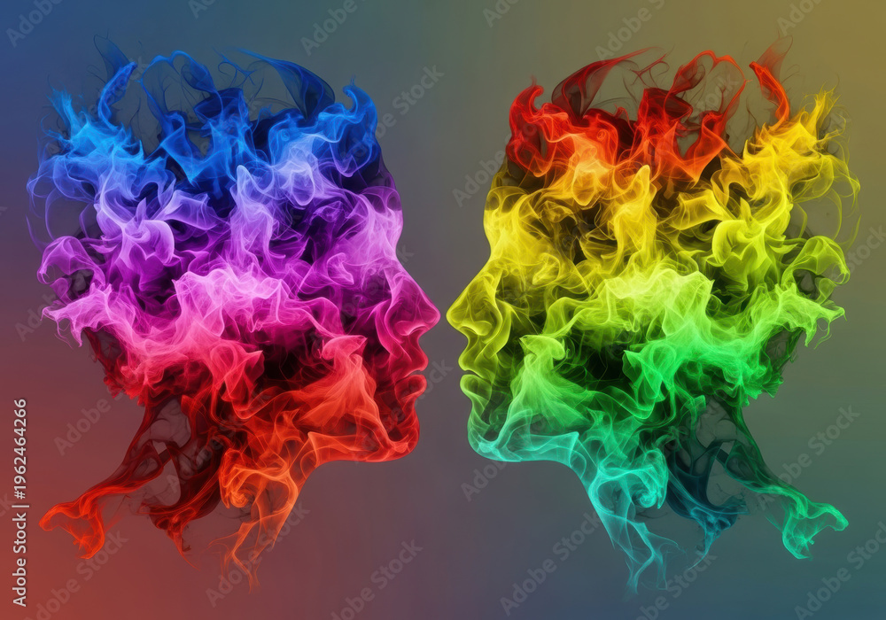 custom made wallpaper toronto digitalColorful smoke profile abstract face silhouette dual profile vibrant smoke portrait rainbow smoke art psychological connection colorful flow