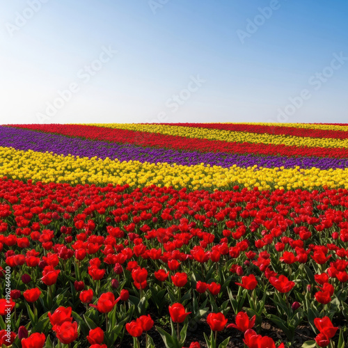 Wallpaper Mural Vibrant red tulip field with layered rows of yellow and purple flowers under clear blue sky Torontodigital.ca