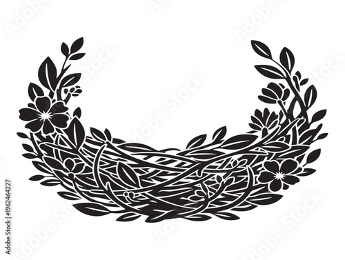 Elegant floral bird nest silhouette with whimsical botanical style 