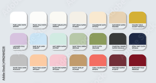 Napkin Color Guide Palette with Color Names. Catalog Samples pastel colors RGB HEX codes and Names. Napkin cloth Colors Palette Vector, soft Plastic Color Palette, Fashion Trend napkin Color Palette