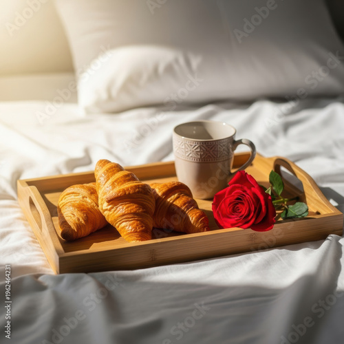 Wallpaper Mural Fresh croissant croissant breakfast coffee cup red rose wooden tray bed linens morning light warm cozy romantic Torontodigital.ca
