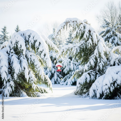 Wallpaper Mural Snow covered evergreen trees bending under heavy snow with red bird feeder providing cheerful focal point in tranquil winter garden Torontodigital.ca