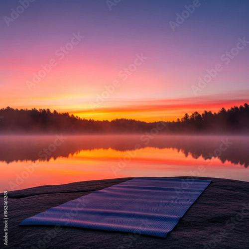 Wallpaper Mural Yoga mat, sunrise, misty lake, fog, morning, tranquility Torontodigital.ca