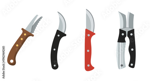 Set of Grafting and Pruning Knives for Gardening and Farming, Vector Illustration of Agricultural Hand Tools for Plant Propagation and Orchard Maintenance