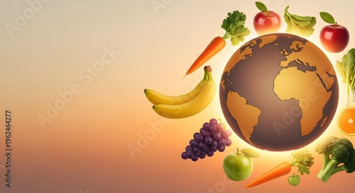 A vibrant illustration depicts a terrestrial globe surrounded by colorful fruits and vegetables symbolizing global agriculture high quality professional detailed modern elegant
