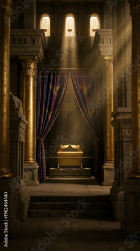 Golden ark of covenant in temple with light rays shining through upper windows.