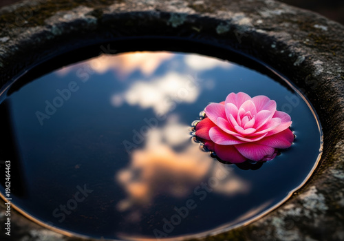 Wallpaper Mural Pink camellia bloom reflection water stone basin sky cloud tranquil delicate blossom Torontodigital.ca