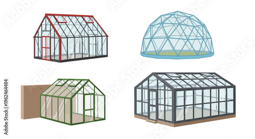 Collection of Different Greenhouse Designs for Gardening and Farming, Including Geodesic Dome, Lean-to, and Classic Gable Styles