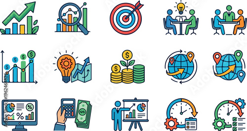 Colorful business and finance vector icon set with growth, analytics, investment, strategy, budgeting, statistics, and corporate performance concepts