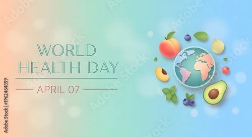 A vibrant illustration celebrates world health day featuring fruits an avocado and a globe high-quality professional detailed modern elegant stylish clean