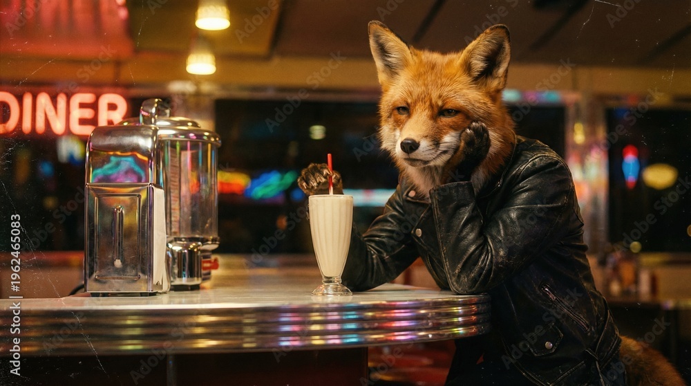 Fototapeta premium Fox wearing a leather jacket sitting at a diner counter drinking a milkshake. Retro animal character having a night out.