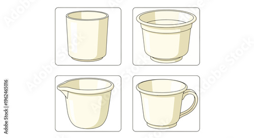 Set of Farmhouse Ceramic Kitchenware: Mug, Bowl, Pitcher, and Cup Vector Illustration