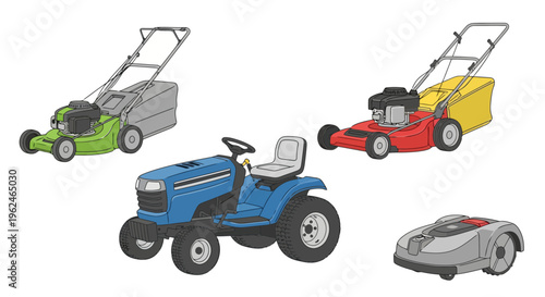 Collection of Different Lawn Mowers Including Riding Tractor, Push Mowers, and Robotic Lawn Mower for Garden and Farm Maintenance Vector Illustration