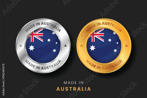 Glossy gold and silver metallic stickers with the Australian flag. High-quality vector graphics for products made in Australia, export trade, and manufacturing certification.