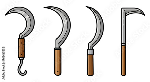 Set of Hand Sickles and Scythes for Harvesting, Traditional Farming and Gardening Tools Vector Illustration