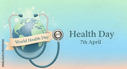 An illustrative image depicts a stethoscope encircling the earth promoting world health day on april 7th high quality professional detailed modern elegant