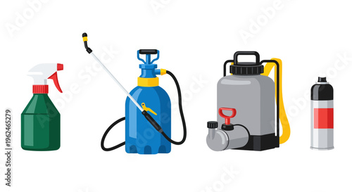 Set of agricultural sprayer equipment for farming and gardening including manual spray bottle, pressure sprayer with wand, backpack knapsack sprayer, and aerosol can for pest control