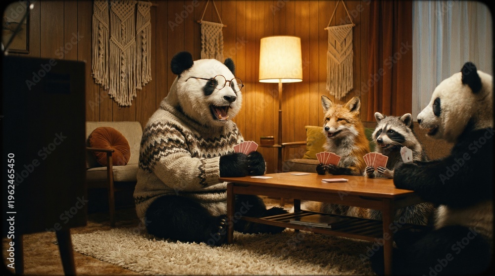 Naklejka premium Panda wearing eyeglasses and a sweater plays card with a fox and a raccoon around a table. Cozy holiday gathering for family fun.