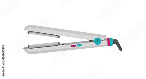 Silver hair straightener with colorful accents in bright studio lighting for beauty product showcase