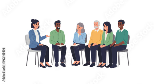 Diverse Group Discussion, Meeting, or Therapy Session - Adults Learning, Sharing & Collaborating in a Support Setting
