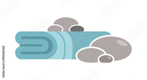 Rolled blue towel with gray stones in minimalist style for bathroom decor