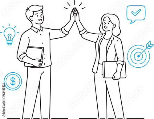 Teamwork and success a man and woman celebrate a high five