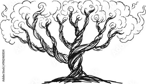 Twisted tree with swirling branches and curly smoke like elements in black ink drawing