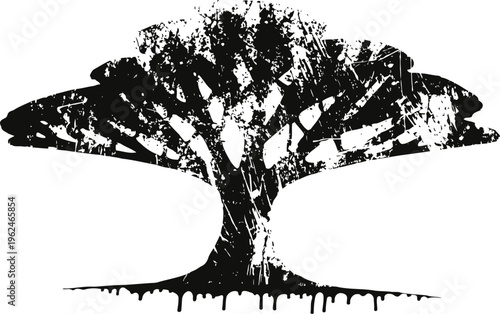 Gnarled tree silhouette with sprawling branches and textured bark, artistic grunge design