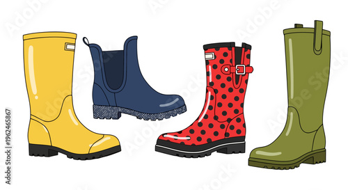 Set of colorful waterproof rubber boots for gardening and farm work, vector illustration of various styles of gumboots and wellies isolated on white