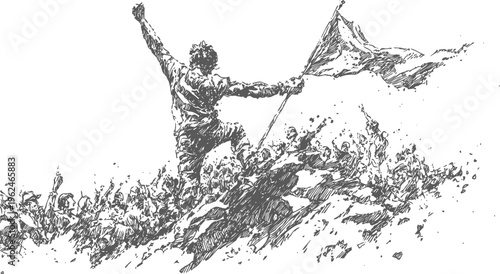man waving flag in crowd celebrating victory with raised arms and energetic motion