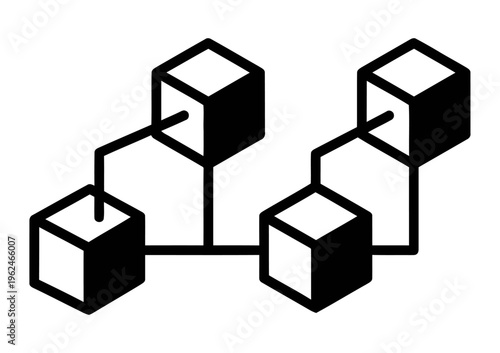 Blockchain network connected cubes icon | Decentralized data structure and digital ledger | Black and white flat vector line art illustration