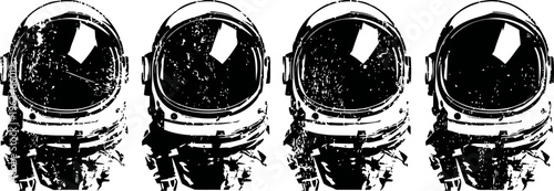Four futuristic astronaut helmets lined up in a monochrome digital art