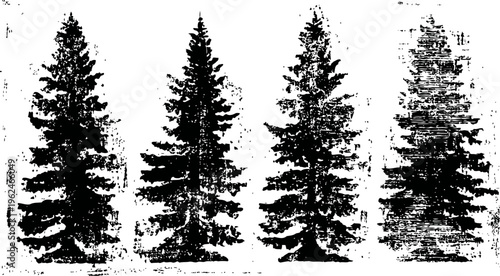 grunge pine tree silhouettes abstract vintage evergreen conifer forest shapes with distressed texture