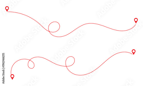 Route icon between two points with dotted path and location pin. Location pointer continuous one line drawing. GPS navigation line route mark. Travel from start point and dotted line tracing. 