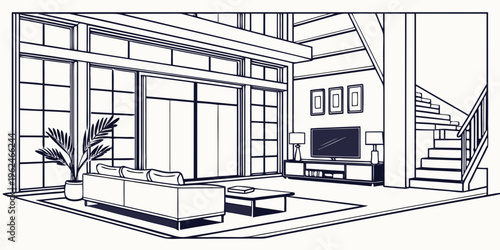 A modern living room with large windows and a cozy fireplace.