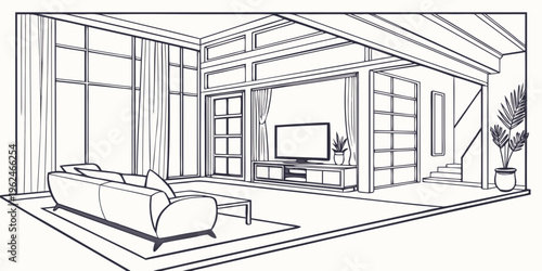 A spacious and modern bedroom with a large window and a cozy seating area