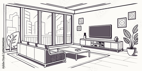 A modern living room with a fireplace and a large window overlooking a balcony.