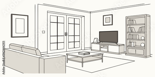 Modern living room with a large window and a cozy fireplace