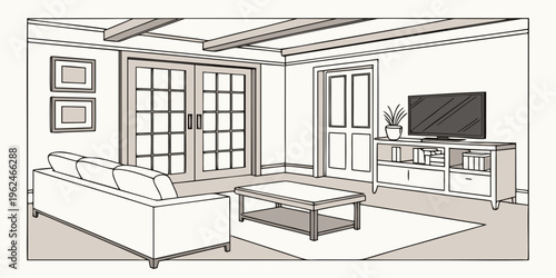 Modern living room with large windows and comfortable furniture