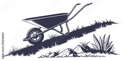 A wheelbarrow filled with soil and plants resting on a grassy hill.