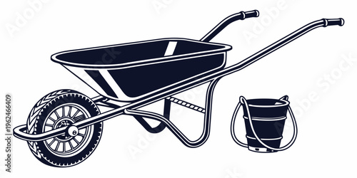 A vintage wheelbarrow with a bucket and shovel resting beside it.