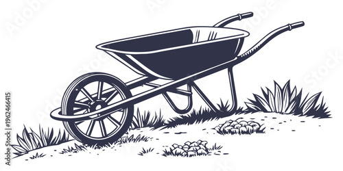 A wheelbarrow with two wheels and a handle, placed on a grassy surface.