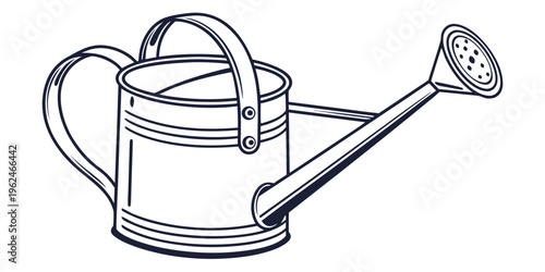 A vintage metal watering can with a classic design and a removable spout.